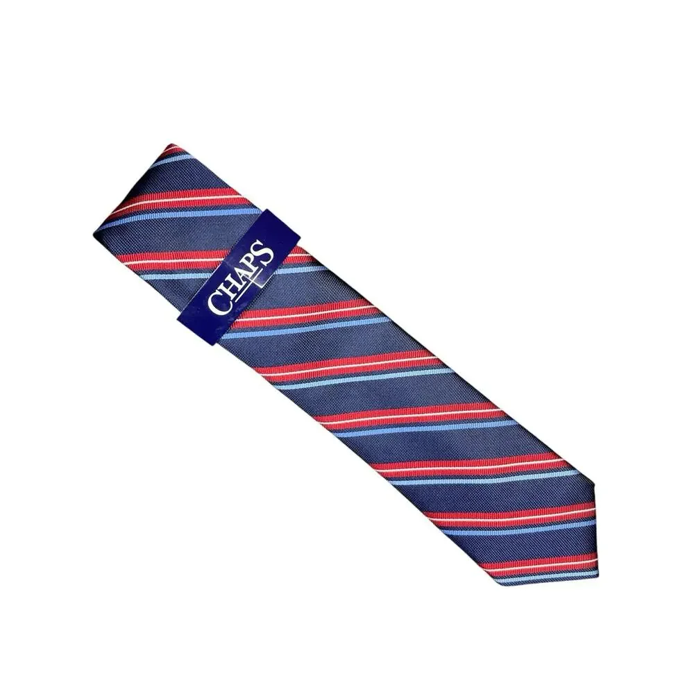CHAPS Men’s Striped Necktie Navy Red Blue White 100% Polyester NWT